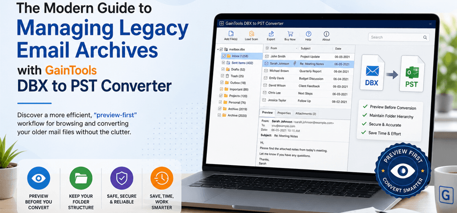 A professional blog banner featuring a laptop displaying the GainTools DBX to PST Converter interface. The screen shows email folders, message previews, and a DBX-to-PST conversion workflow. 
