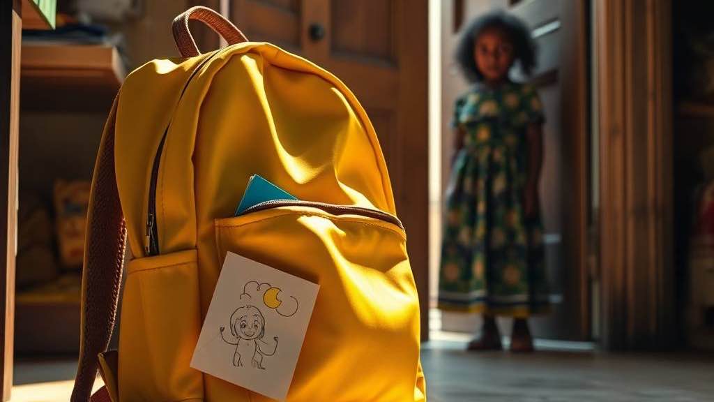 A child standing at the doorway of her house stirring at her yellow school bag abandoned on the floor 