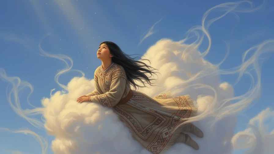 Unangax girl on a cloud daydreaming and meditating