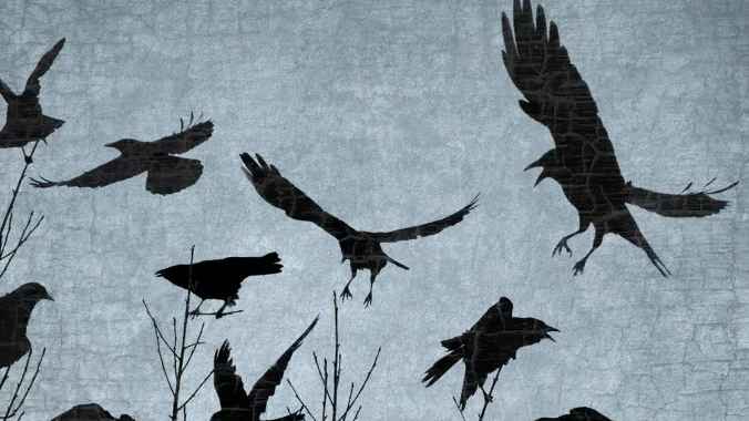 a flock of crows flying against a blue sky