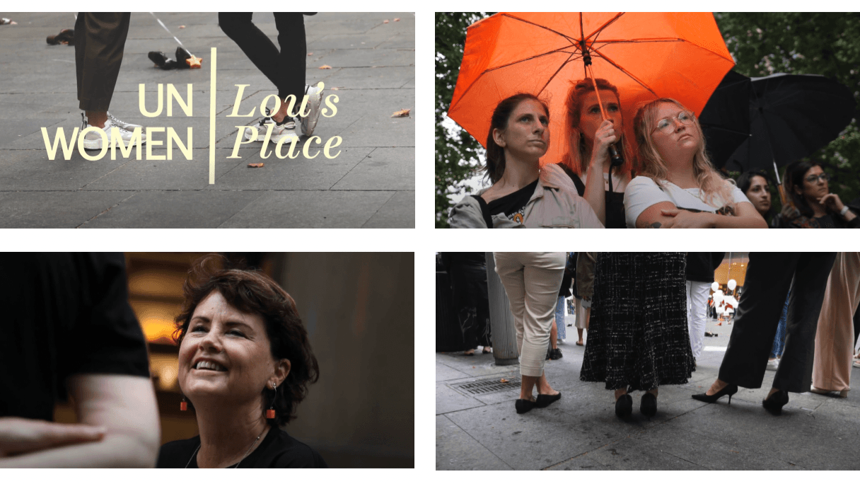 Stills from a short film with the text "UN Women" and "Lou's Place", women smiling, looking concerned, images of women's legs standing on concrete.