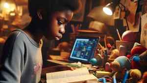 A girl studying with the aid of the internet