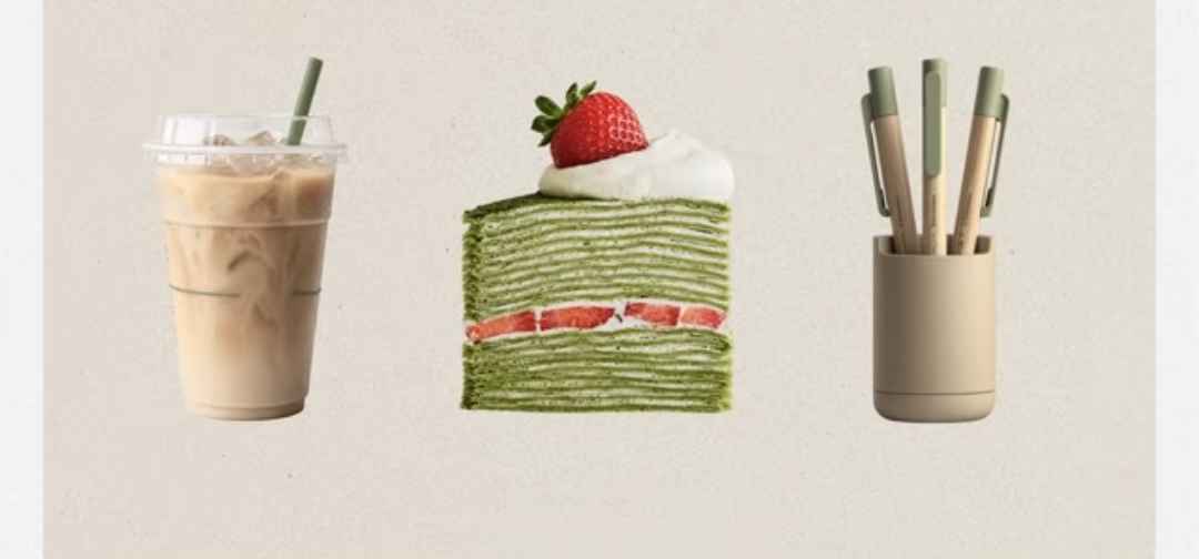 Cup of ices coffee, layered dessert, a set of pens