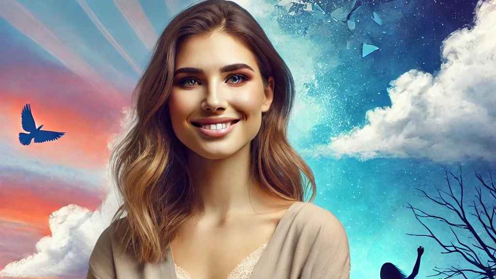 A confident young woman stands smiling under a bright sky. Her hair flows gently in the breeze, symbolizing freedom and strength. Behind her, soft hints of broken chains and blooming flowers reflect healing and new beginnings