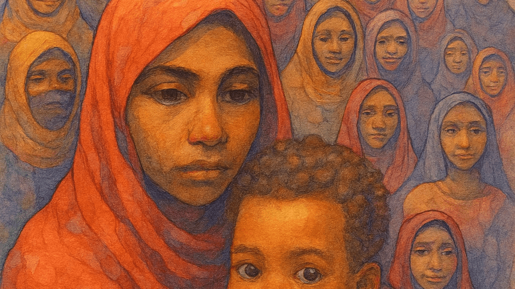Refugee woman holding her child .. in a background many women and refugee camp .