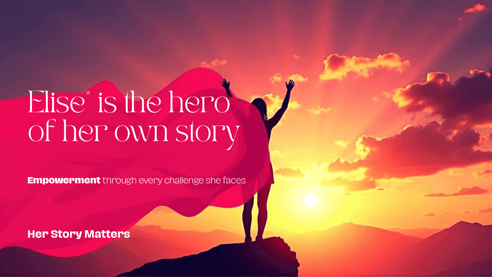 Sunrise with an image of a woman standing facing the sunrise with hands outstretch gesturing winning and words written over red background
