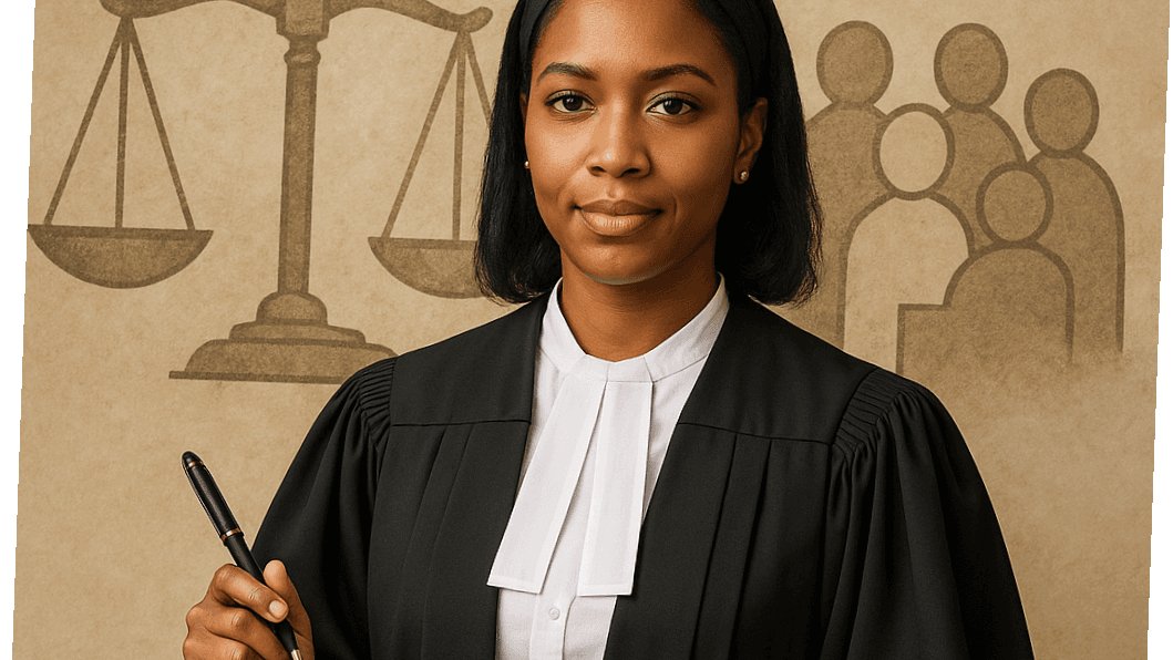  An African woman lawyer in a black robe stands confidently, holding a pen and a tablet, with symbols of justice in the background—representing the power of voice, law, and digital advocacy.”