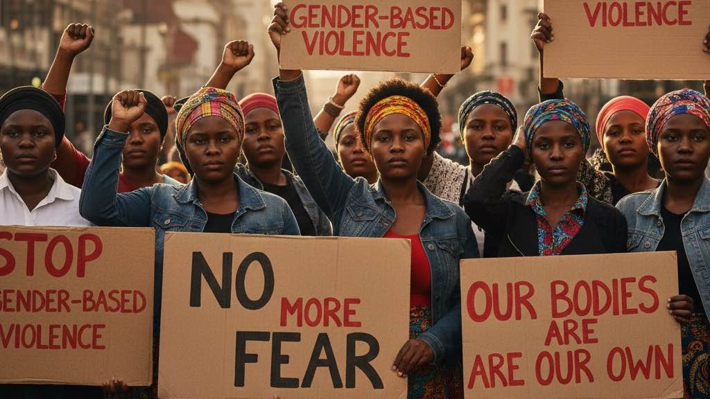 “Bold activist poster design featuring an African woman’s face with intense eyes. Red, black, and gold color palette. Text elements subtly integrated: ‘End GBV’ and ‘Women For Change’. Powerful and modern feminist art style