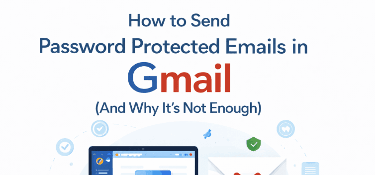 Illustration of sending password-protected emails in Gmail with a laptop, secure envelope, lock icons, and a smartphone, representing email security and data protection.