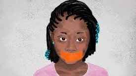 Drawing of a black girl with a red patch over her mouth