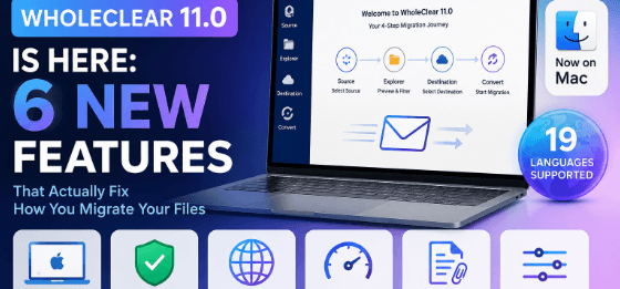 graphic for WholeClear 11.0 showing a laptop with the software's four-step migration workflow, alongside icons representing native Mac support, Ready-Check, 19-language support, faster performance, smarter file handling, and advanced output controls.