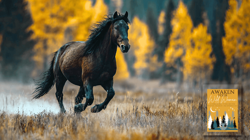 A chestnut horse running on a fall day with yellow leaves in the trees in the background