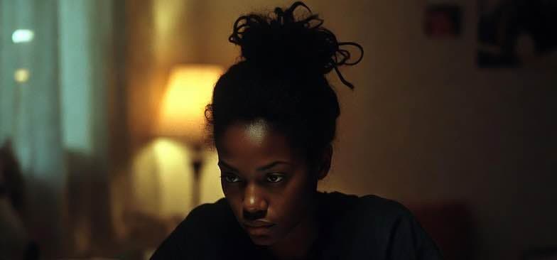 A woman (black American)sitting at a desk late at night studying and relearning skills while balancing motherhood, child toys nearby, emotional and inspiring mood, ultra realistic cinematic image