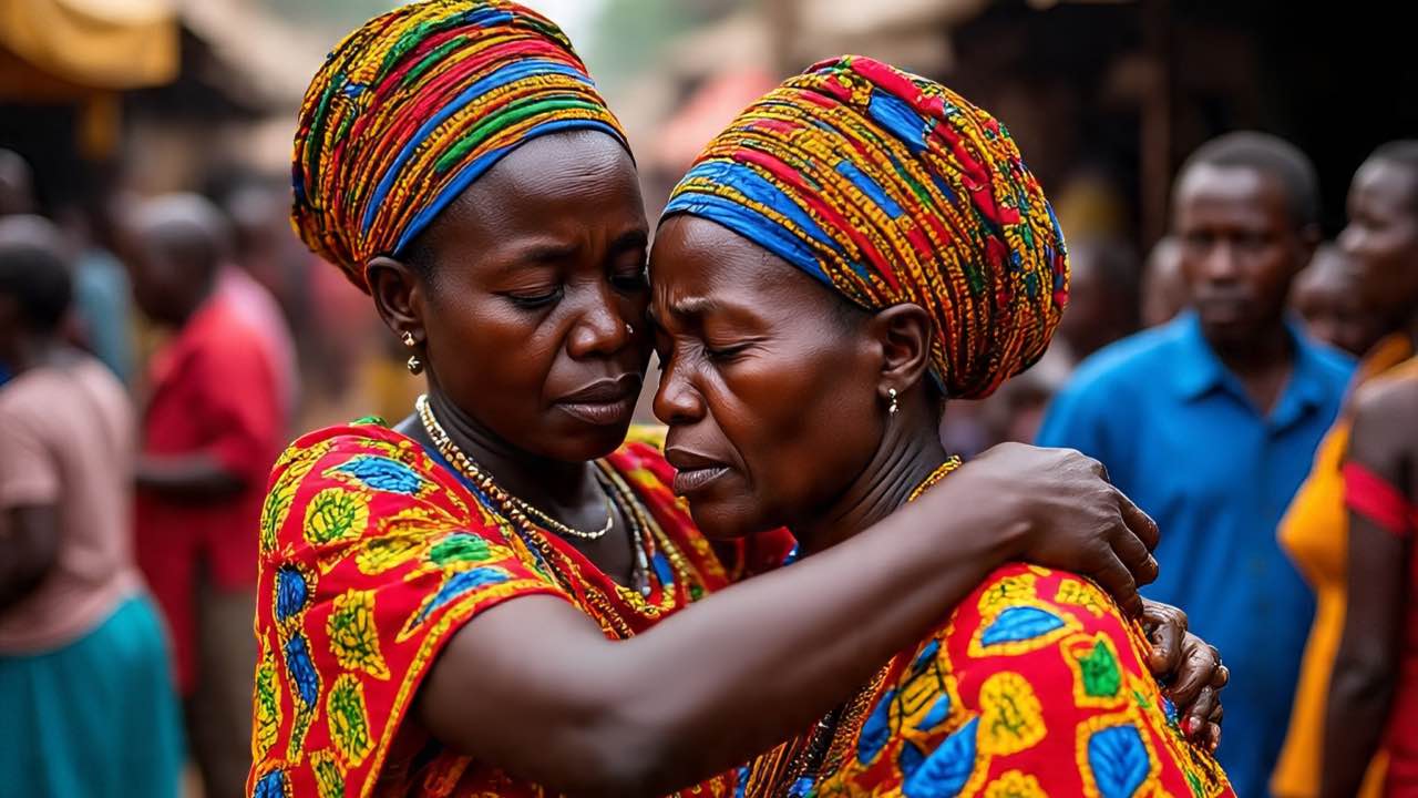 Two women comforting one another in a hug