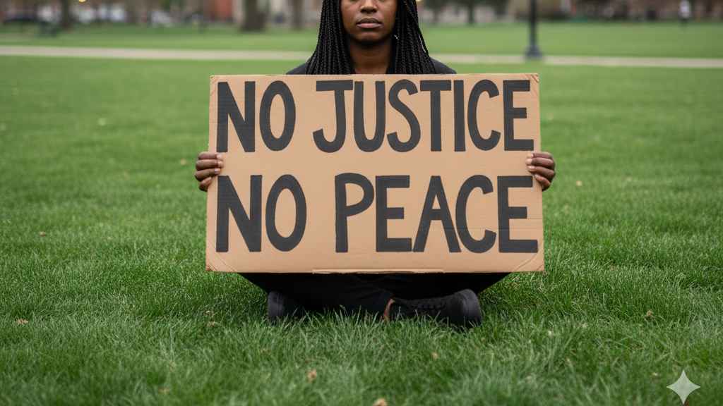 An African-American lady sits in the grass with a placard that reads "No Justice, No Peace".