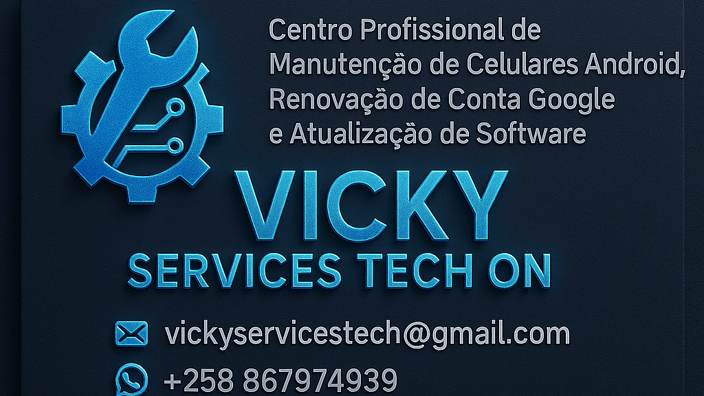 Logotipo do Vicky Services Tech Online com texto em português que menciona manutenção de celulares, renovação de contas Google, atualização de software e contatos por email e telefone.