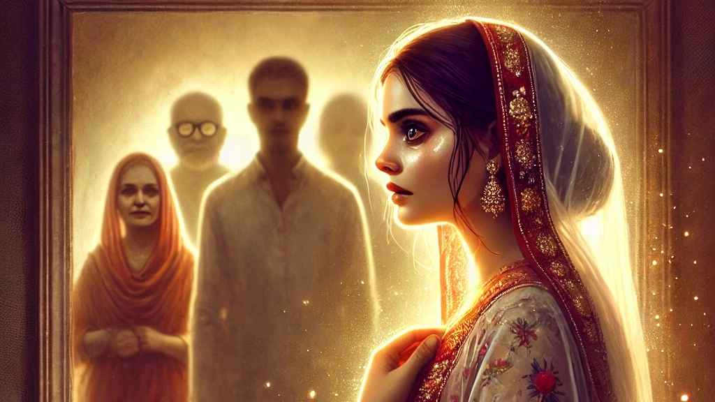 A digital painting of a married woman before a mirror, her eyes showing sadness and strength. Fading shadows behind her symbolize societal pressure, while a soft glow represents self-empowerment.